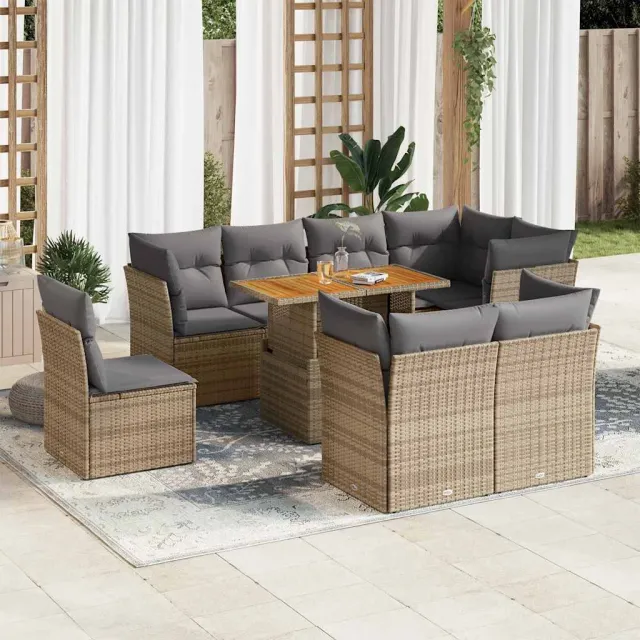 vidaXL 9-delige Loungeset met kussens poly rattan beige, foto 2