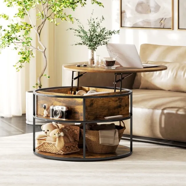 OKWISH Ronde Salontafel Hoogte Verstelbaar Voor Woonkamer En Sofa Gebruik Met Opbergruimte Metalen Frame Bruin Houtlook Ø80 Cm