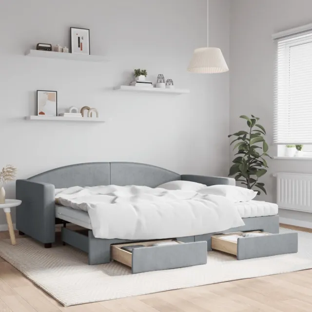 vidaXL Slaapbank met onderschuifbed en lades 90x190 cm stof lichtgrijs grijs