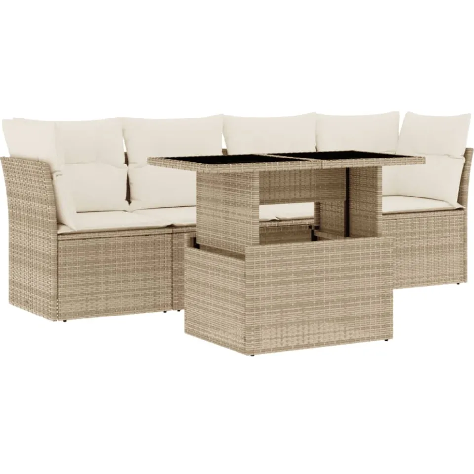 vidaXL 5-delige Loungeset met kussens poly rattan beige, foto 3