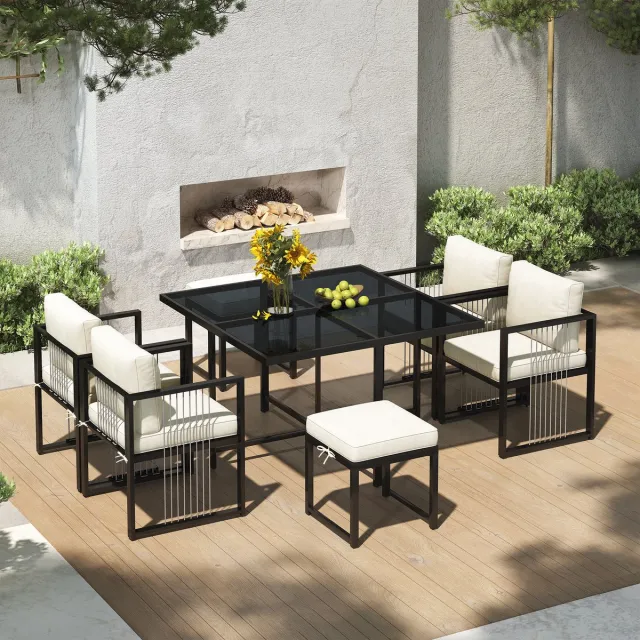 MIVRAY Tuinset 117 x 117 cm - 7-Delige Eetset Voor 6 Personen Met Gehard Glas - Voor Tuin En Terras - Metaal - Zwart+Wit