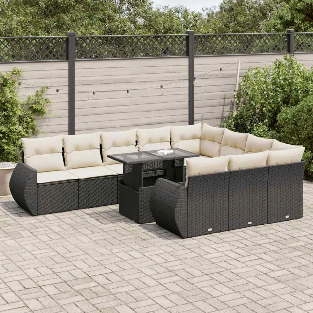 vidaXL 11-delige Loungeset met kussens poly rattan zwart, foto 2