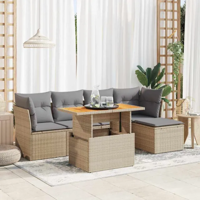 vidaXL 6-delige Loungeset met kussens poly rattan beige, foto 2