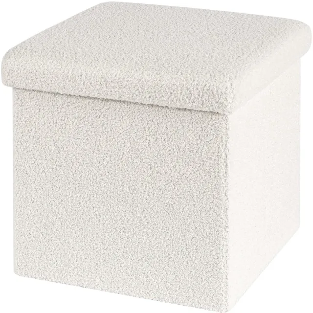 Famanu Zitpoef met opbergruimte, opvouwbare zitkubus met deksel, fluwelen voetenbank, wit, 40 x 40 x 40 cm