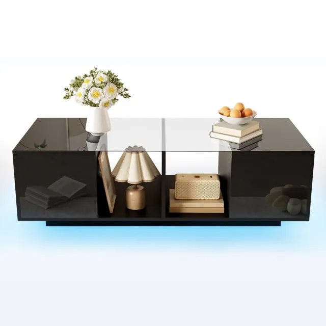 Merax Moderne Salontafel 120 x 50 x 38,5 cm - Zwart - Ledverlichting met 16 Kleuren - Glazen Middenblad - Opbergruimte