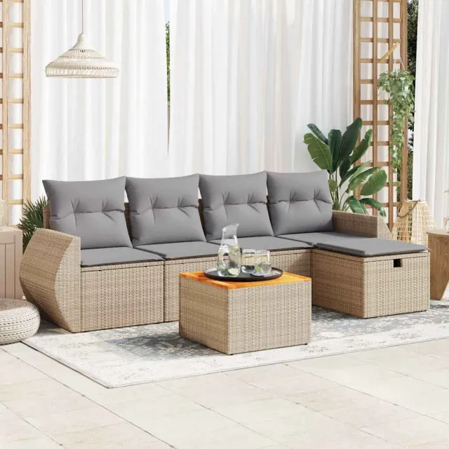 vidaXL 6-delige Loungeset met kussens poly rattan beige, foto 2