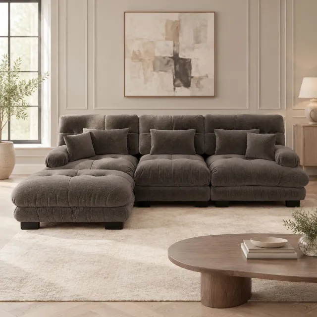 WUVRIE Modulaire hoekbank 313x145x81 cm - Met verplaatsbare ottomans en kussens - Bruin