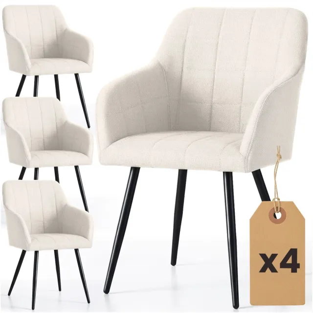 Akord Set van 4 Eetkamerstoelen LUXANO met Armleuningen / Gestoffeerde Stoelen en Metalen Poten / Lumos-stof / Crème kleur met zwarte benen Crème kleur met zwarte benen Lumos-Stof