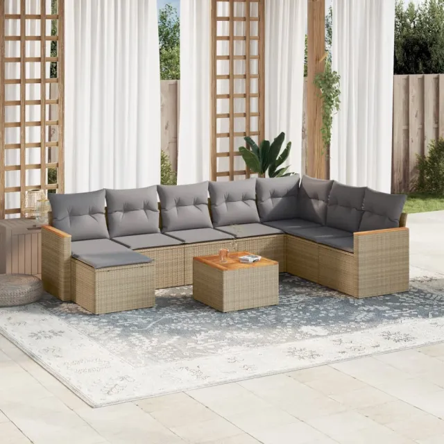 vidaXL 9-delige Loungeset met kussens poly rattan beige, foto 2