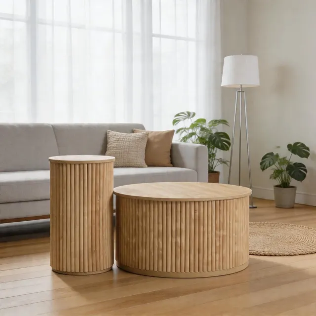 KOMHTOM Dubbele ronde salontafel - Bijzettafel met natuurlijke houten latten - Multifunctionele salontafel Naturel