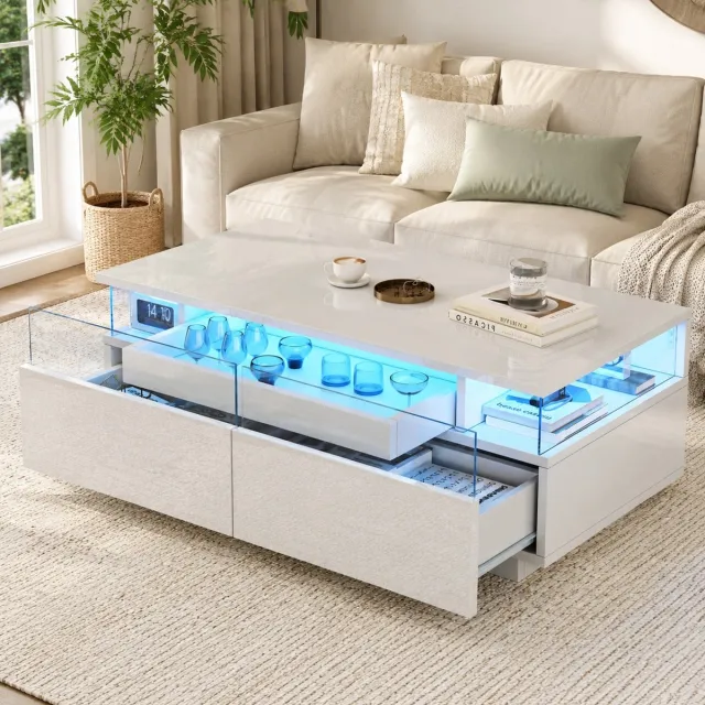 MEUNIQ Salontafel 90 x 45 x 35,5 cm met 2 acryl lades, uitneembaar dienblad, LED-verlichting en glazen zijpanelen voor woonkamer, wit