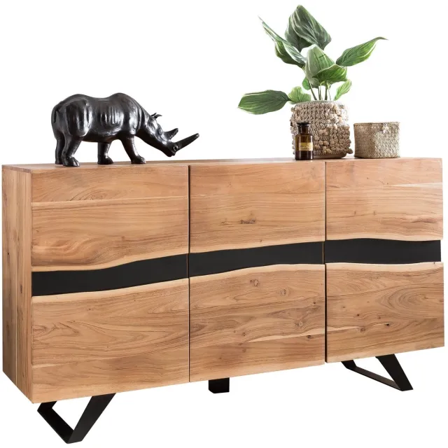 Sky Style dressoir Satara 148 x 85 x 43 cm massief hout Acacia Natuurlijk Wane dressoir | Landelijke stijl Highboard met 3 deuren | Hal kast dressoir Zie omschrijving