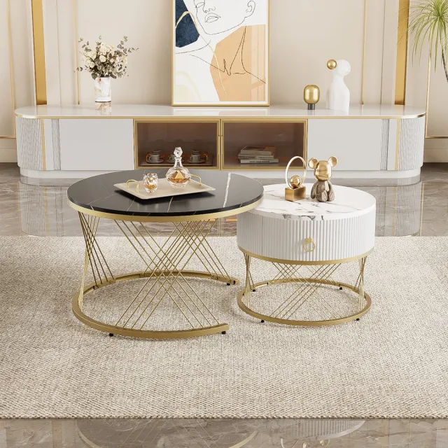 Wishdor Salontafelset - Inschuifbaar Design En Lade - Marmerlook - Voor De Woonkamer - MDF En Metaal - Zwart - 70 X 70 X 45 En 50 X 50 X 40 Cm