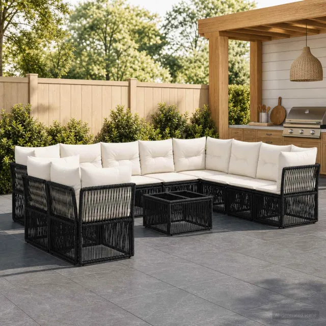 vidaXL Tuinbankenset 11 st 10-zits Zwart poly rattan