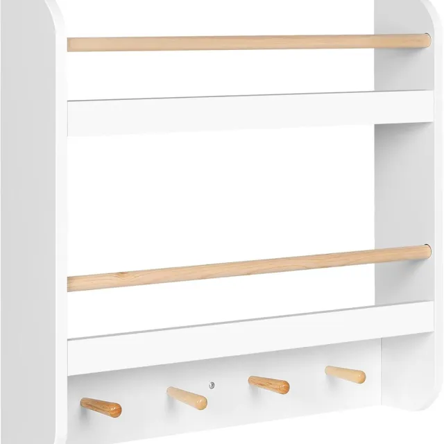 Klarven Kinderboekenkast Wit - Witte Kinderboekenkast - Kinderboekenkast Wand - Bookcase - Wandplank met 2 Planken en 4 Haken - Afgeronde Hoeken, Bespaart Vloerruimte - B60xh55xd12cm