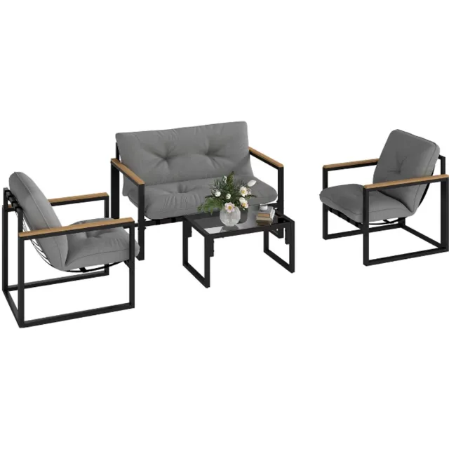 Outsunny 4-personen terrasset van Outsunny, 4-delige balkonset met bank, 2 stoelen en houten tafel met 4 stoelen, inclusief 4 kussens, terras balkon meubels, grijs