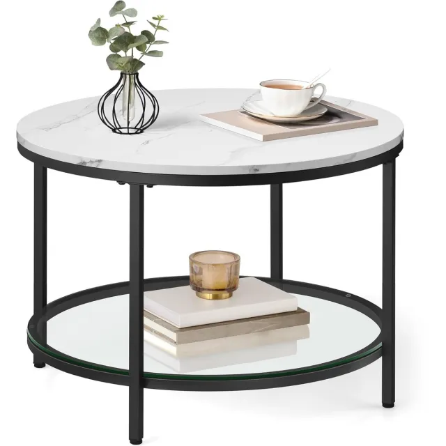 FurnStar Salontafel – Woonkamertafel met glasplaat – Moderne banktafel met veel opbergruimte – Eenvoudige montage – 65 cmx46 cm -Marmerwit/Inktzwart –