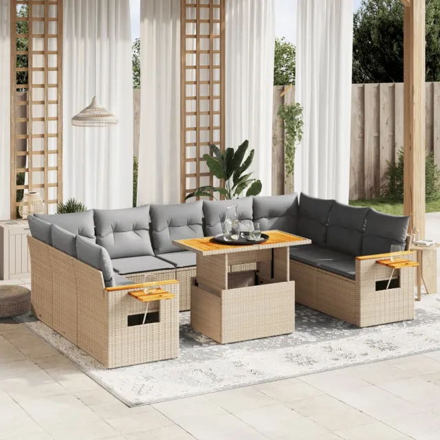 vidaXL 11-delige Tuinset met kussens poly rattan beige, foto 2
