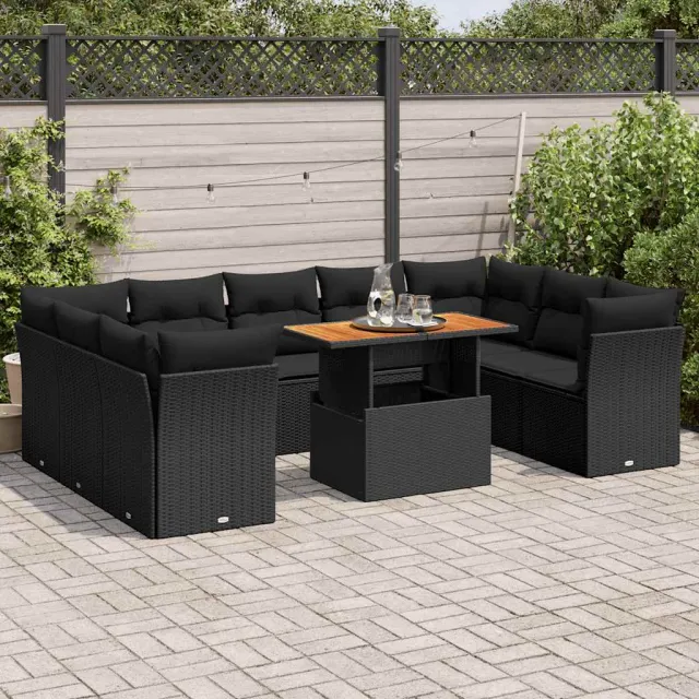 vidaXL 10-delige Loungeset met kussens poly rattan zwart, foto 2