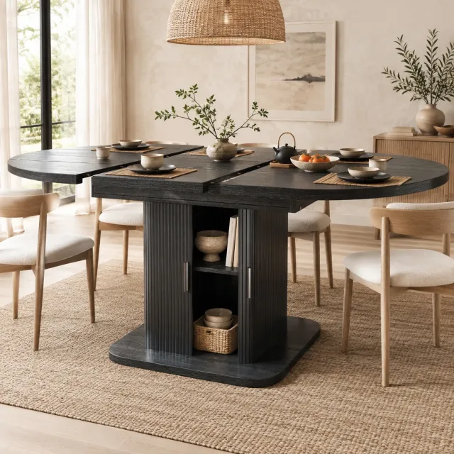 Wishdor Uitschuifbare ovale eettafel met opbergruimte - Schuifdeuren en uitneembare legplank - Geribbeld onderstel met brede voet - MDF en metaal - Zwart - 110-149,8 x 110 x 75 cm