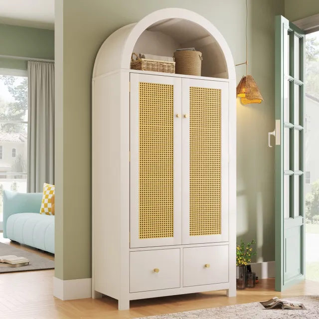 OKWISH Kledingkast – Boogvorm Met Rotan Deuren – 181x78x45 cm – 2 Deuren 2 Lades – Wit Hout – Met Kledingroede