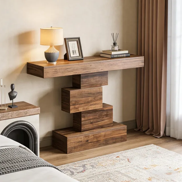 WUVRIE Sidetable 108x30x80 cm - Geometrisch onderstel van spaanplaat - Donkerbruin