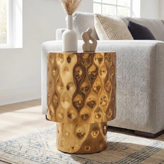 Cosmo Casa Bijzettafel – Ronde Design Tafel met 3D Reliëf – Handgemaakt - Aluminium – Goud – 36 x 50 cm Zie omschrijving