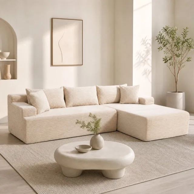 MEUNIQ Modulaire hoekbank 272 x 174 x 74,5 cm met chaiselongue, chenille bekleding, 4 zitplaatsen en antislip onderzijde, beige