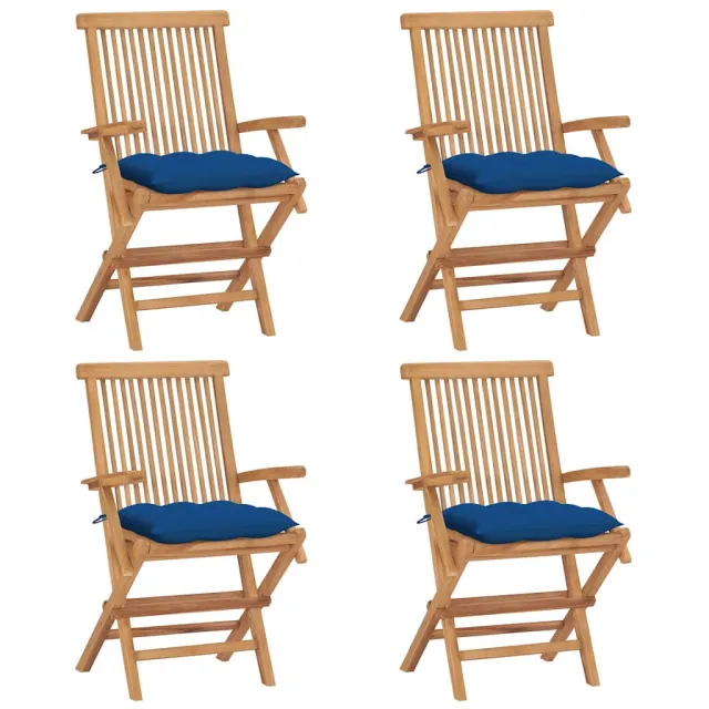 vidaXL Klapstoelen met blauwe kussens, 4 stuks, massief teakhout