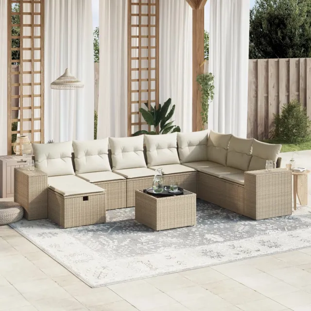 vidaXL 9-delige Loungeset met kussens poly rattan beige, foto 2