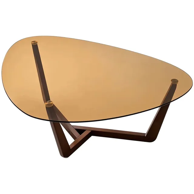 CreateEcom Salontafel - Bijzettafel - Woonkamer tafel - Koffietafel - driehoekig gehard glazen blad - voor slaapkamer, woonkamer, receptie, kantoor - bruin - hout - 107,6X73,6X42 CM