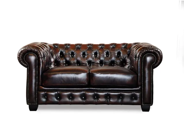 Vente-unique Driezits- en tweezitsbank Chesterfield BRENTON 100% buffelleer - bruin tinten Donkerbruin