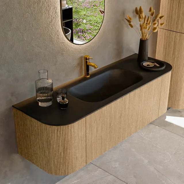 Mondiaz KURVE 140 cm Onderkast Greeploos 1 Lade Met Deuren Oak, Wastafel Solid Surface Midden Urban 1 Kraangat Zonder Spiegel (KRVBGS140L+R1L2D1KM-Oak/Urb)