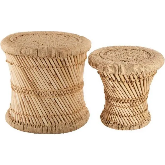 Konges Sløjd Bijzettafel Set Van 2 Naturel Bamboe - Boho Salontafel - Bohemian Bijzettafeltjes - Tafeltjes van Bamboe en Hennep Multi