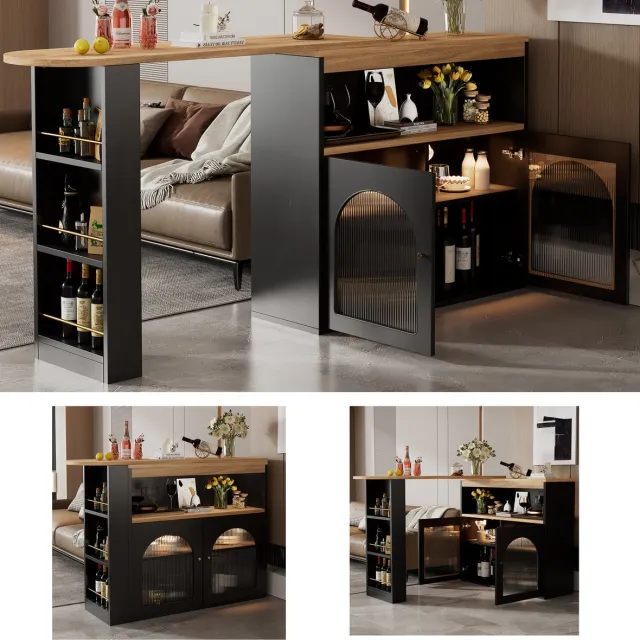 Clruro Bartafel - 138-193×39×105 cm - Uitschuifbaar & Draaibaar met LED - Met Opbergruimte - Zwart