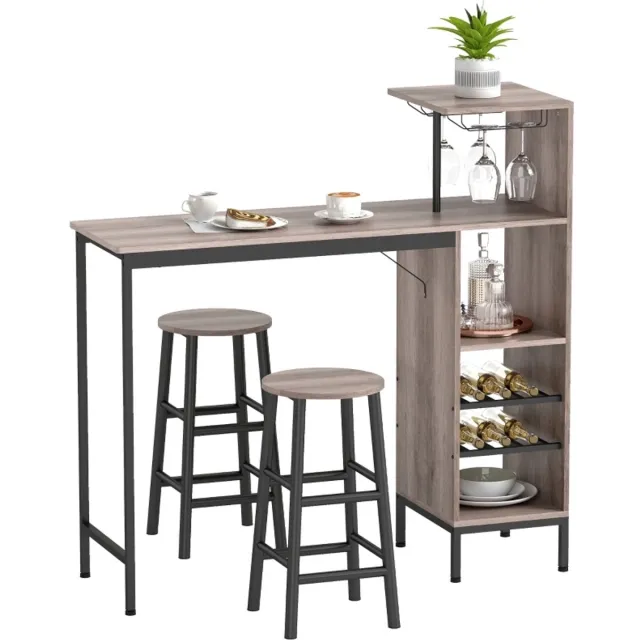 HAUSS SPOLE Barkrukken En Bartafel Set - Set Van 3 - Met Opbergrek, Wijnrek En Glashouders - Voor Keuken En Kleine Ruimtes - MDF Grijs