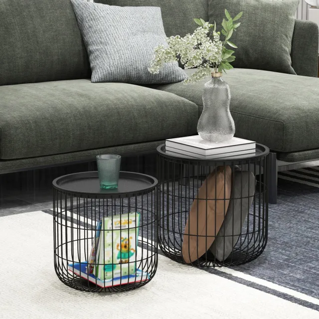 HAUSS SPOLE Salontafelset - Nestbare Ronde Bijzettafels Met Opbergruimte - Voor Woonkamer - Staal - 40 x 40 x 40 cm - Zwart