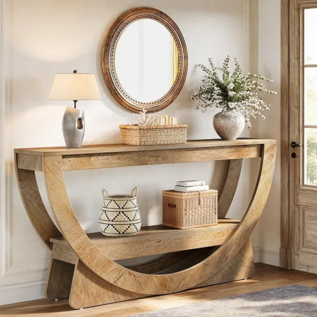 Tribesigns Consoletafel met 2-planks - rustiek bruin Sidetable - Hout - 160 x 30 x 80.5 cm - Smalle Consoletafel met 2 Niveaus voor Hal, Woonkamer, Entree