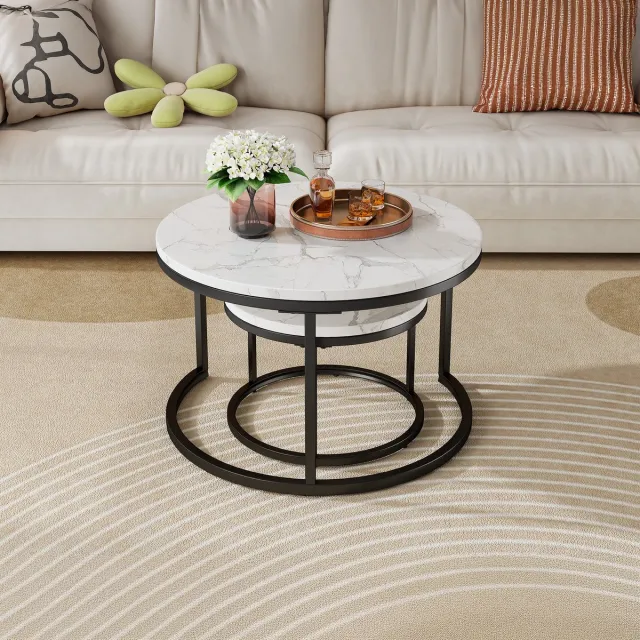 WUVRIE Set van 2 ronde salontafels 70 en 45 cm met MDF blad in marmerlook en metalen frame, zwart/wit Wit+Zwart