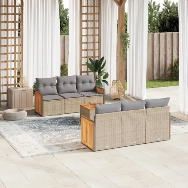 vidaXL 7-delige Loungeset met kussens poly rattan beige, foto 2