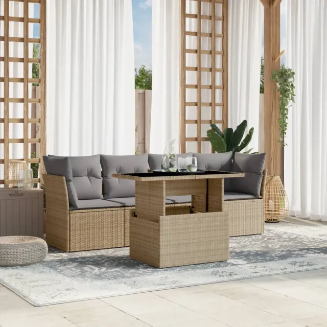 vidaXL 5-delige Loungeset met kussens poly rattan beige, foto 2