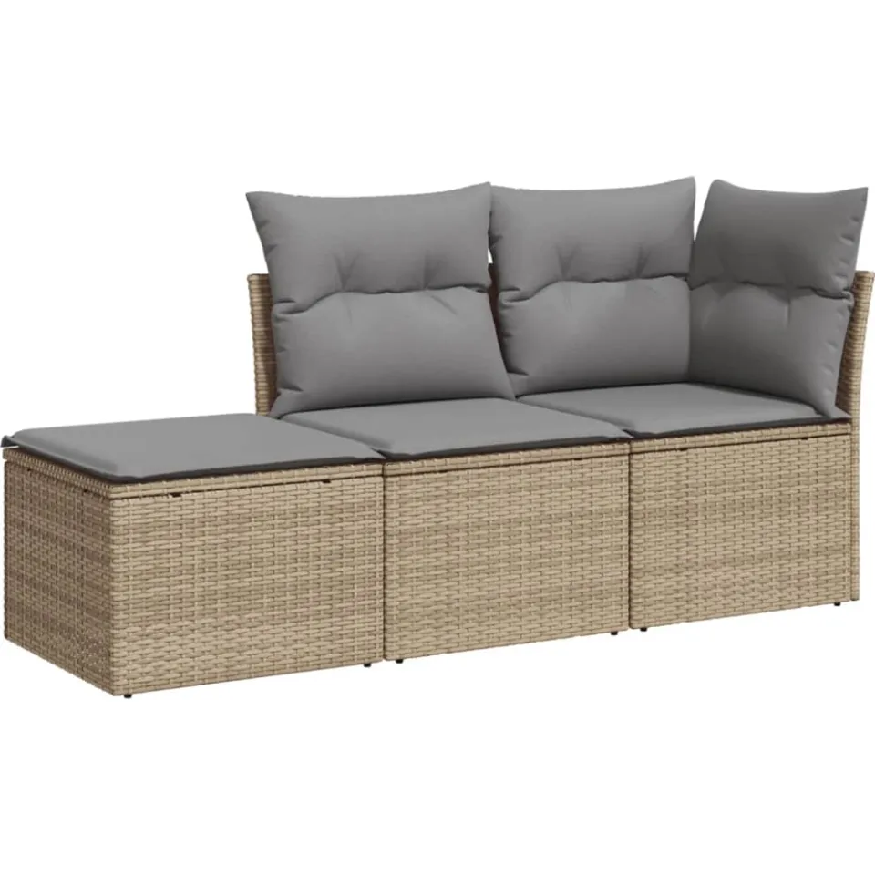 vidaXL 3-delige Loungeset met kussens poly rattan beige, foto 3