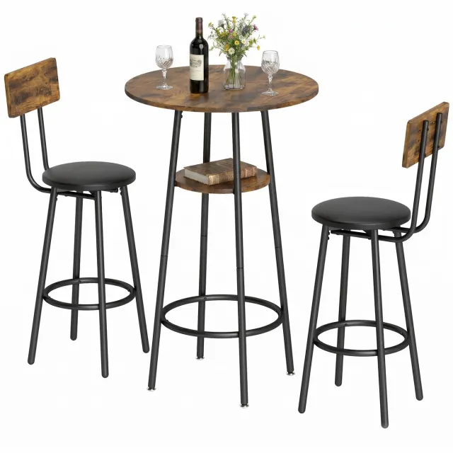 ECTEATOY Bartafel met 2 Barkrukken - Industriële Bartafelset - Voor Keuken, Woonkamer en Eetkamer - 60x60x91 cm - Bruin
