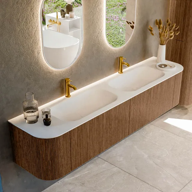 Mondiaz KURVE 200 cm Onderkast Greeploos 2 Lades Met Deuren Walnut, Wastafel Solid Surface Dubbel Talc 2 Kraangaten Zonder Spiegel (KRVBGS200L+R2L2D2KD-Wal/Tal)