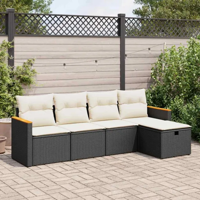 vidaXL 5-delige Loungeset met kussens poly rattan zwart, foto 2