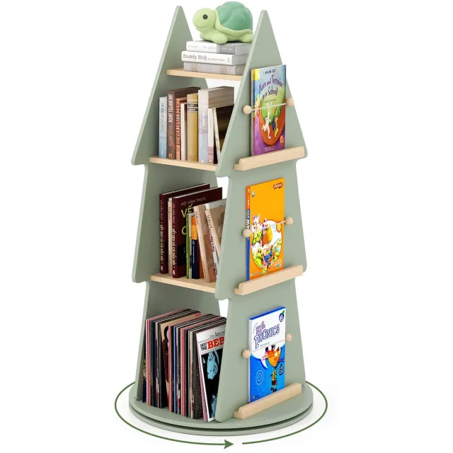 Costway Kinderboekenkast 360° draaibaar, kinderboekcarrousel 4 niveaus in boomvorm, Ø 48 x 102 cm vrijstaand displayrek, boekenopbergorganizer, groen, voor kinderkamer, speelkamer
