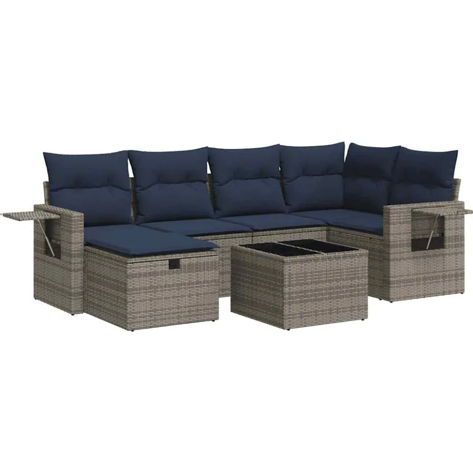 vidaXL 7-delige Loungeset met kussens poly rattan grijs, foto 3