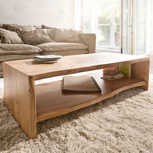 DELIFE Woonkamertafel Live-Edge Acacia natuur tafel met boomrand 130x60 cm Bruin