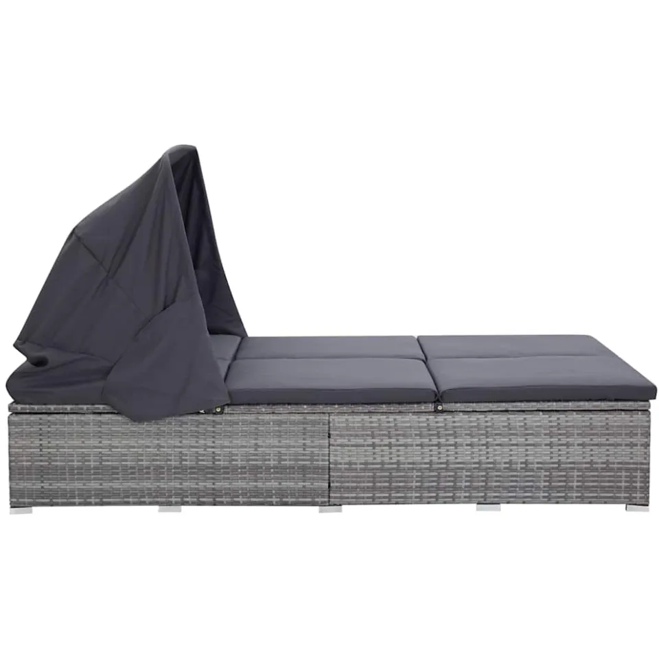 vidaXL Ligbed met kussen 2-persoons poly rattan grijs, foto 4