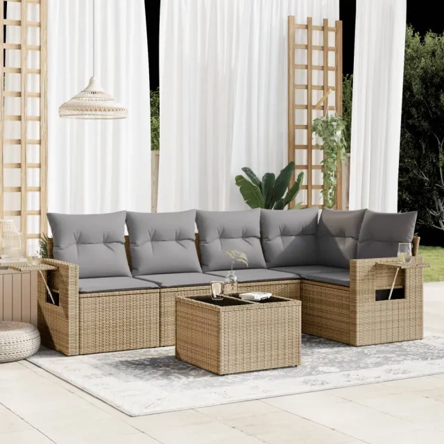 vidaXL 6-delige Loungeset met kussens poly rattan beige, foto 2